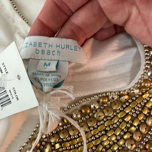 NWT Elizabeth Hurley Beach White Jemima Maxi Gold Embellished Bead Neckline Med - Picture 8 of 12